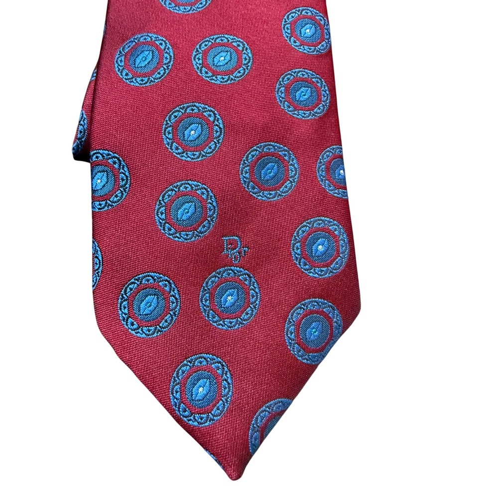 Christian‎ Dior Tie OS Medallion Geometric Silk Burgundy Red Blue Vintage CD